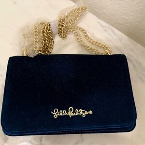 New Lilly Pulitzer Blue Velvet Bag with Gold Chain